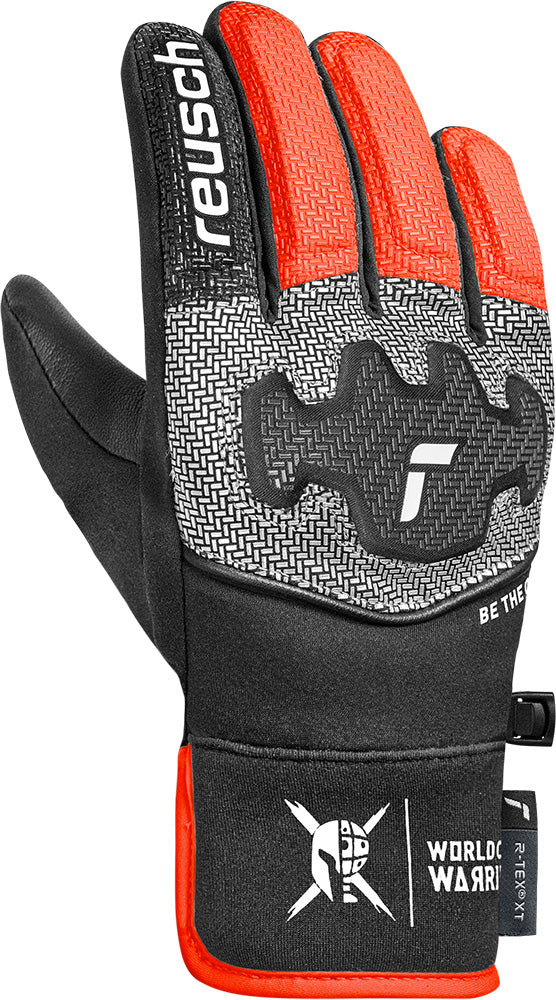Reusch Worldcup Warrior R-TEX XT JR Race Glove with composite knuckle protection, finger padding and goatskin palm.