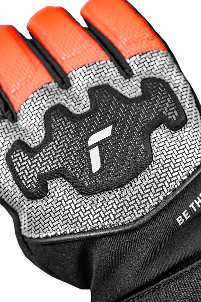 Reusch Worldcup Warrior R-TEX XT JR Race Glove with composite knuckle protection, finger padding and goatskin palm.