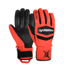 Reusch Worldcup Warrior R-TEX® XT JR Race Glove featuring a waterproof R-TEX® XT membrane, goatskin leather palm, reinforced knuckle protection, and a junior race-specific fit.