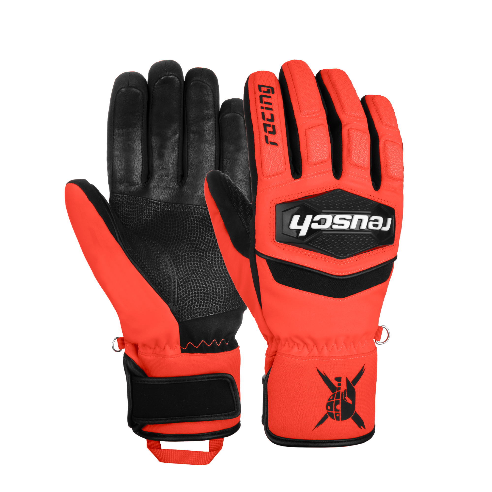 Reusch Worldcup Warrior R-TEX® XT JR Race Glove featuring a waterproof R-TEX® XT membrane, goatskin leather palm, reinforced knuckle protection, and a junior race-specific fit.