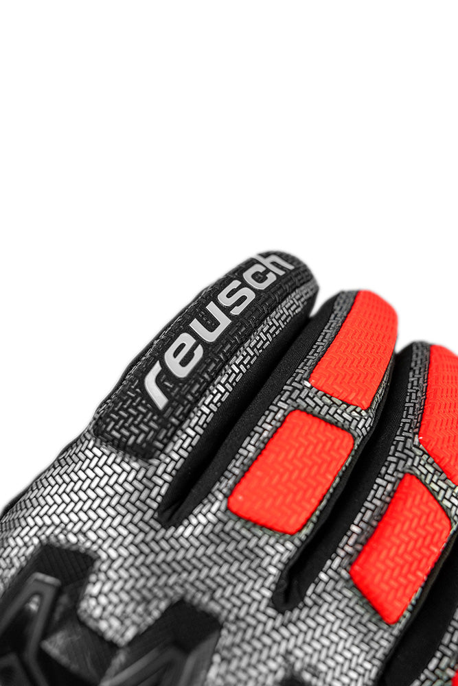 Reusch Worldcup Warrior R-TEX XT alpine race glove with composite knuckle protection, finger padding and digital goatskin palm.