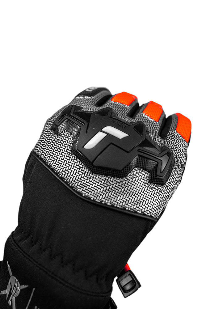 Reusch Worldcup Warrior R-TEX XT alpine race glove with composite knuckle protection, finger padding and digital goatskin palm.