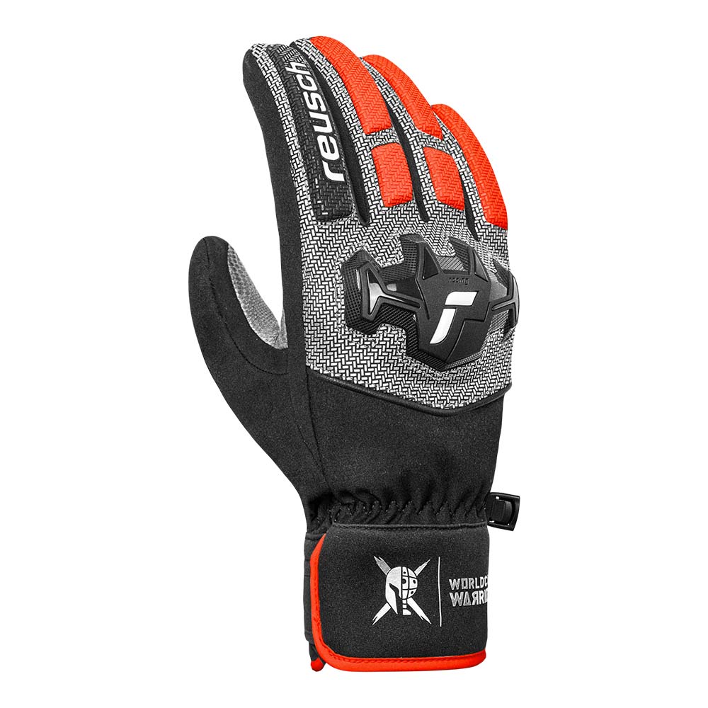 Reusch Worldcup Warrior R-TEX® XT Race Glove featuring a waterproof R-TEX® XT membrane, goatskin leather palm, reinforced knuckle protection, and race-ready performance.