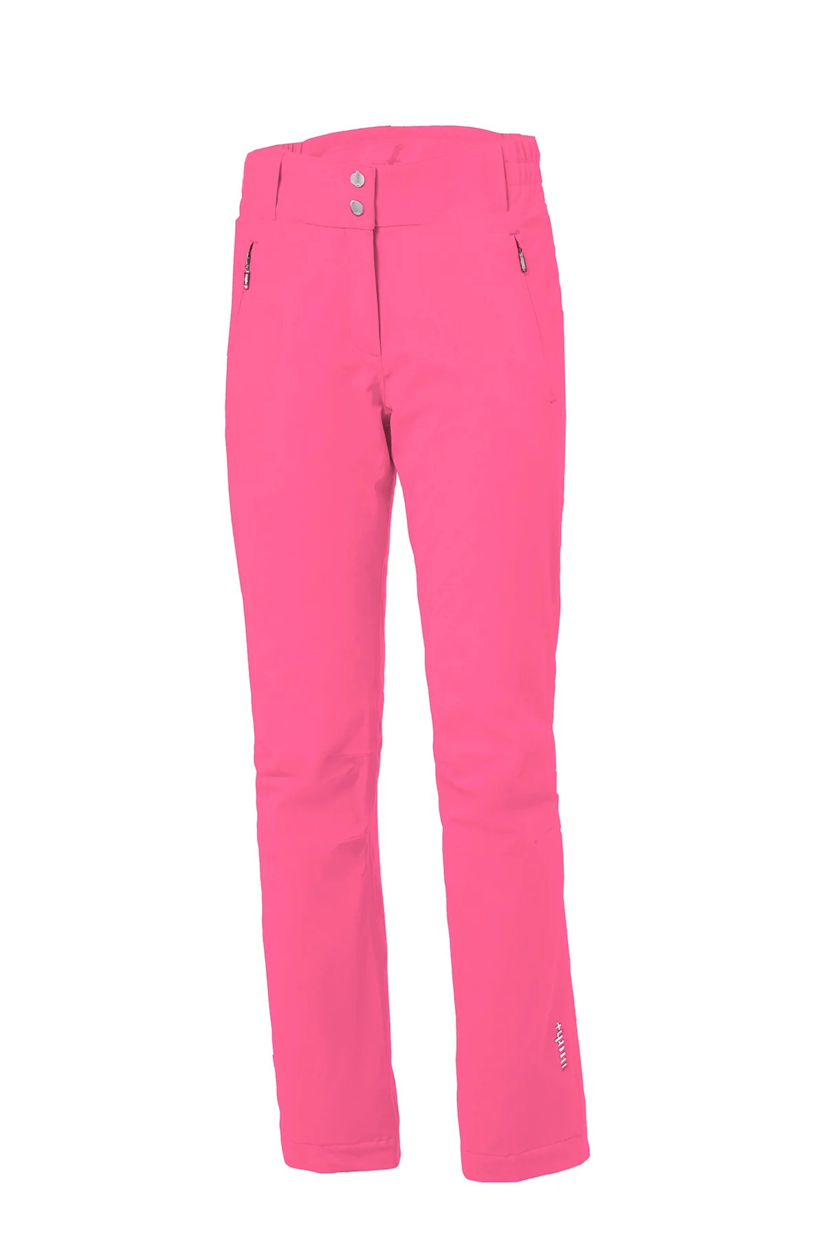 A pair of pink RH+ Women's Slim Ski Pants that are waterproof, breathable, stretchable, and insulated.