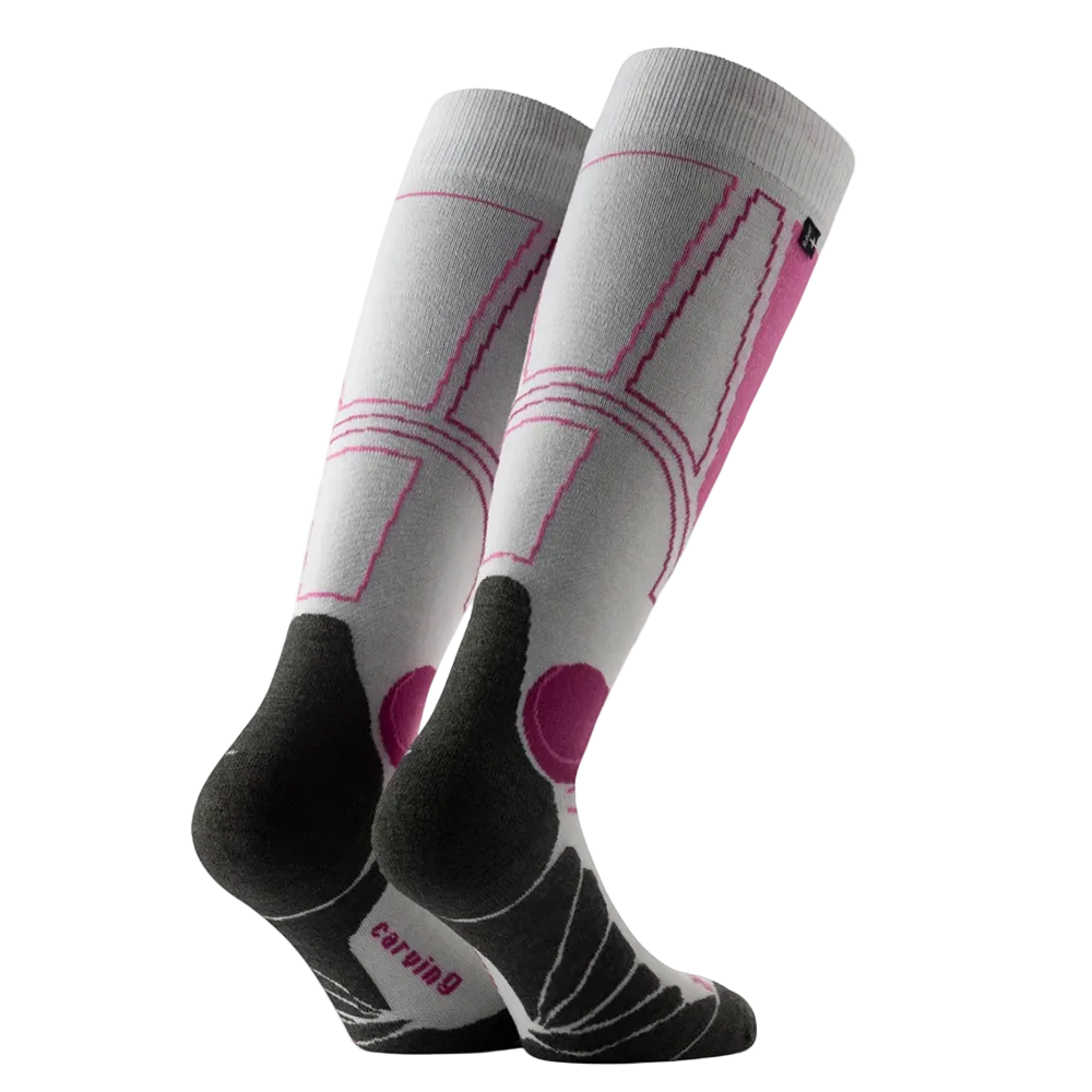 Anatomical L/R-specific Rohner Carving Socks featuring over-the-calf height, targeted shin and ankle cushion zones, footbed ventilation channels, and seamless toe knit construction.