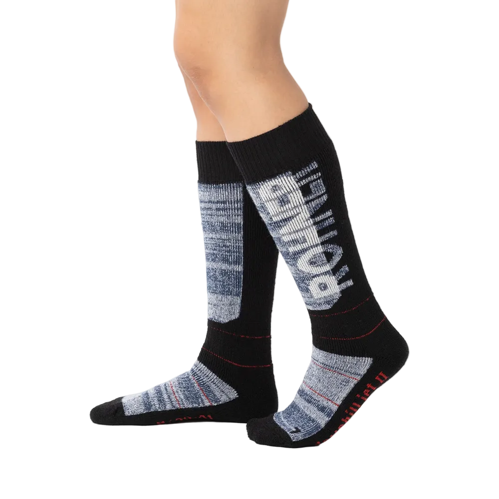 Navy Rohner Downhill Jet II Socks featuring targeted shin and malleolus pad zones, elastic arch/ankle support matrix, and seamless merino-blend knit construction.