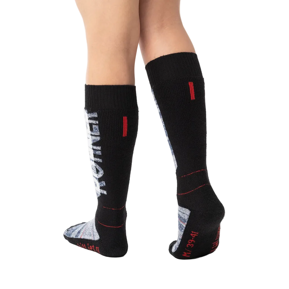 Navy Rohner Downhill Jet II Socks featuring targeted shin and malleolus pad zones, elastic arch/ankle support matrix, and seamless merino-blend knit construction.