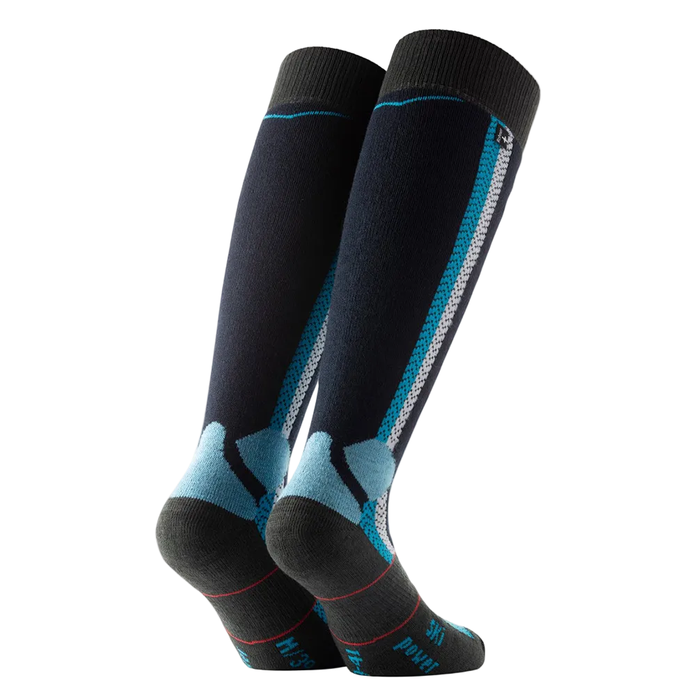 Anatomical L/R-specific Rohner Ski Power Socks featuring full terry plush cushioning, piqué weave air channels, bioceramic yarn blend, and hand-linked seamless toe construction.