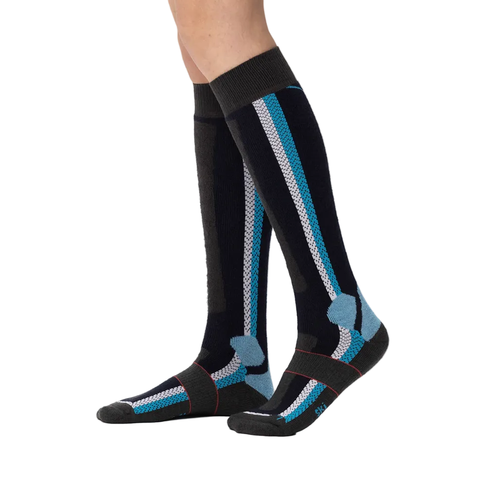 Anatomical L/R-specific Rohner Ski Power Socks featuring full terry plush cushioning, piqué weave air channels, bioceramic yarn blend, and hand-linked seamless toe construction.