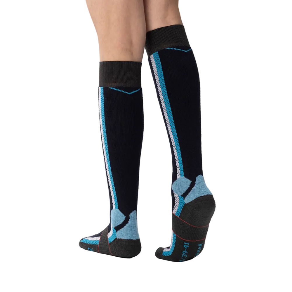 Anatomical L/R-specific Rohner Ski Power Socks featuring full terry plush cushioning, piqué weave air channels, bioceramic yarn blend, and hand-linked seamless toe construction.