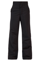 Front view of the black Rossignol Jr Boys’ Insulated Ski Pants featuring waterproof membrane fabric, synthetic insulation, adjustable waist tabs, integrated boot gaiters, and reinforced hem scuff guards.