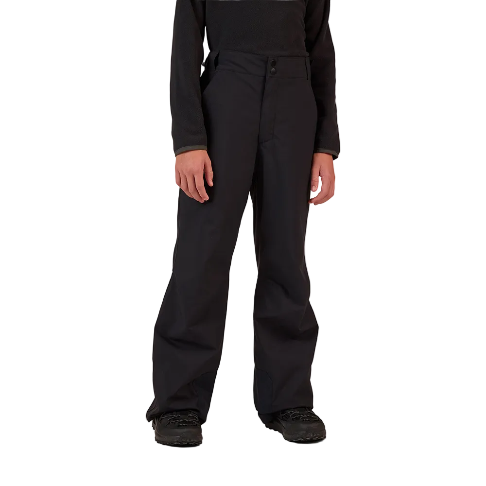 Front view of the black Rossignol Jr Boys’ Insulated Ski Pants featuring waterproof membrane fabric, synthetic insulation, adjustable waist tabs, integrated boot gaiters, and reinforced hem scuff guards.