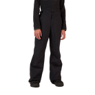 Front view of the black Rossignol Jr Boys’ Insulated Ski Pants featuring waterproof membrane fabric, synthetic insulation, adjustable waist tabs, integrated boot gaiters, and reinforced hem scuff guards.