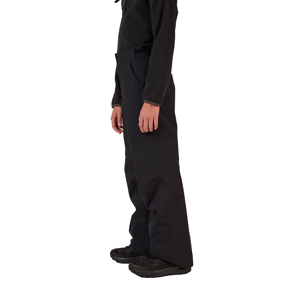 Side view of the black Rossignol Jr Boys’ Insulated Ski Pants featuring waterproof membrane fabric, synthetic insulation, adjustable waist tabs, integrated boot gaiters, and reinforced hem scuff guards.