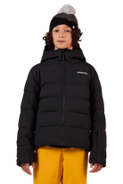 Front view of a black Rossignol Jr Boys’ Siz Quilted Jacket featuring high-loft synthetic insulation, quilted baffle construction, DWR-treated shell, high stand-up collar, and zippered handwarmer pockets.