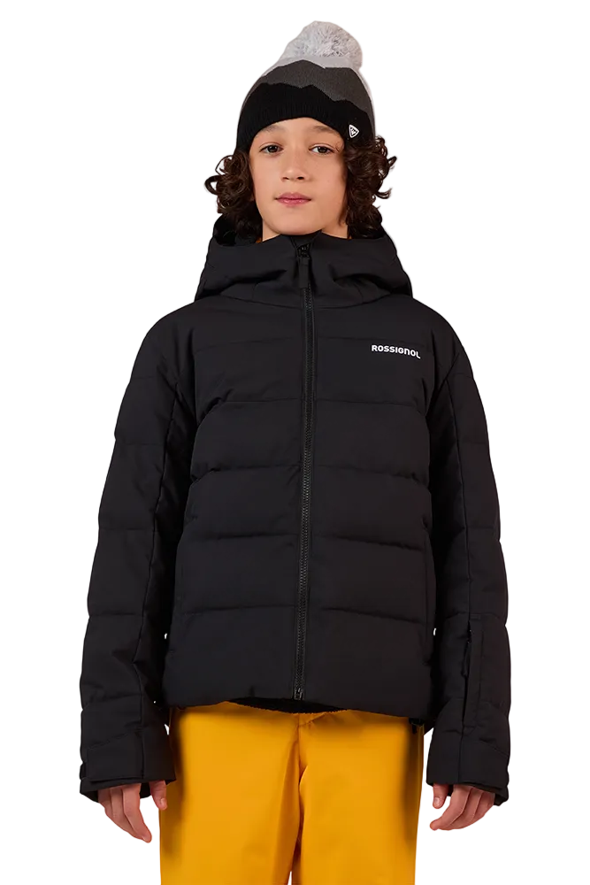 Front view of a black Rossignol Jr Boys’ Siz Quilted Jacket featuring high-loft synthetic insulation, quilted baffle construction, DWR-treated shell, high stand-up collar, and zippered handwarmer pockets.