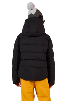 Rear view of a black Rossignol Jr Boys’ Siz Quilted Jacket featuring high-loft synthetic insulation, quilted baffle construction, DWR-treated shell, high stand-up collar, and zippered handwarmer pockets.
