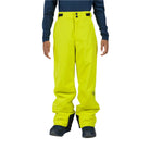 A boy wearing a pair of neon green Rossignol Boys' Ski Pants that are waterproof, breathable, stretchable, and insulated.