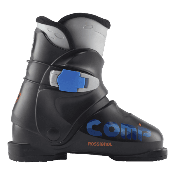 Rossignol Comp J1 JR Ski Boots in Black 2026 featuring a junior-specific fit, soft flex, and simple single-buckle closure for young beginner skiers.