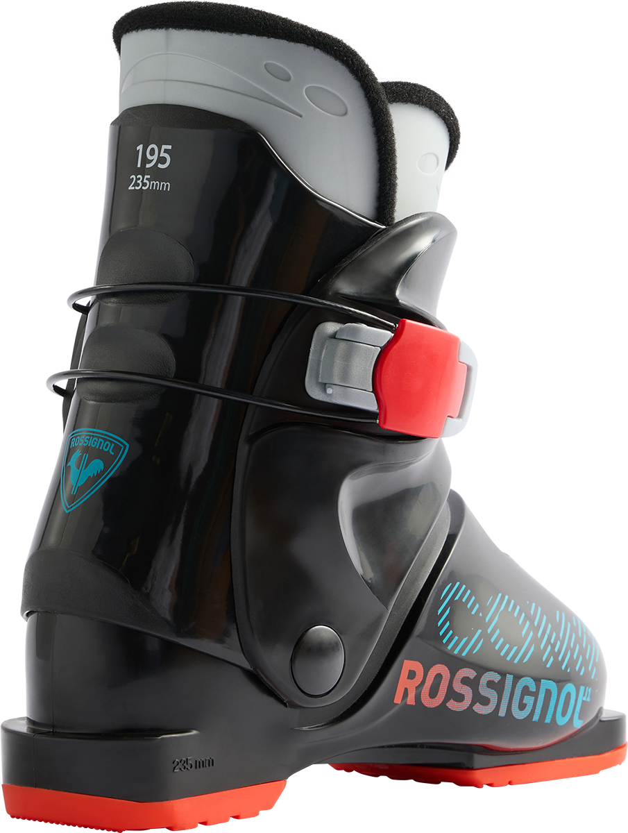 Rossignol Comp J1 JR Ski Boots in Black 2027 featuring a junior-specific fit, soft flex, and simple single-buckle closure for young beginner skiers.