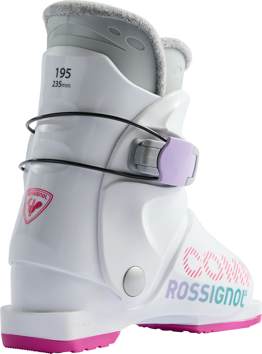 Rossignol Comp J1 JR Ski Boots in White 2027 featuring a junior-specific fit, soft flex, and simple single-buckle closure for young beginner skiers.