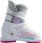 Rossignol Comp J1 JR Ski Boots in White 2027 featuring a junior-specific fit, soft flex, and simple single-buckle closure for young beginner skiers.
