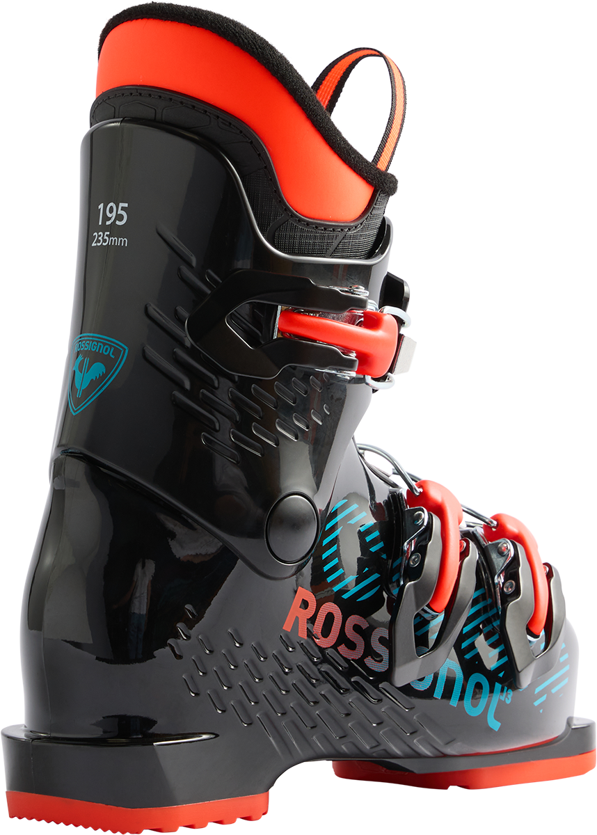 Rossignol Comp J3 JR Ski Boots in Black 2027 featuring a junior-specific fit, three-buckle closure, forgiving flex, and supportive construction.
