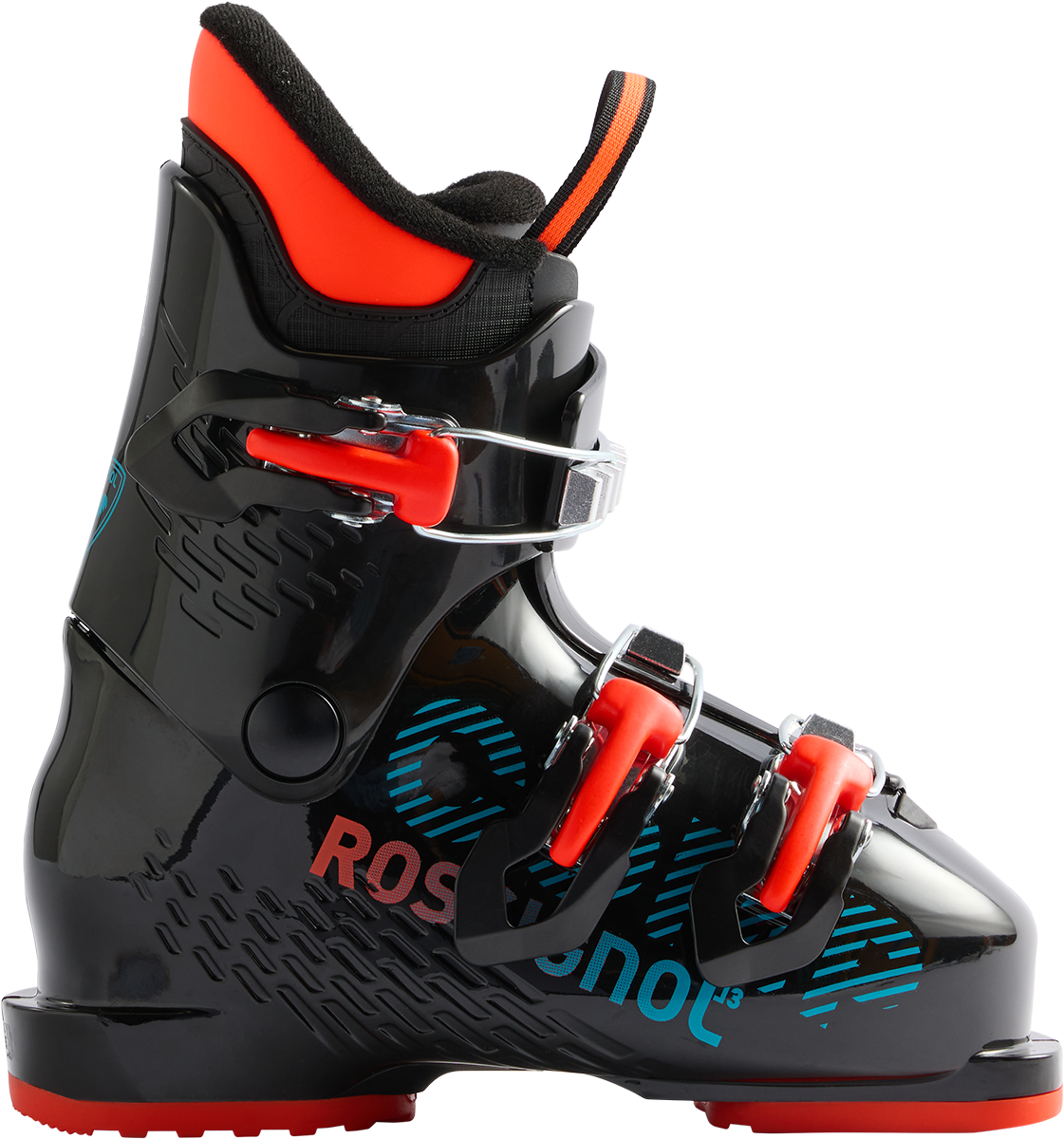 Rossignol Comp J3 JR Ski Boots in Black 2027 featuring a junior-specific fit, three-buckle closure, forgiving flex, and supportive construction.