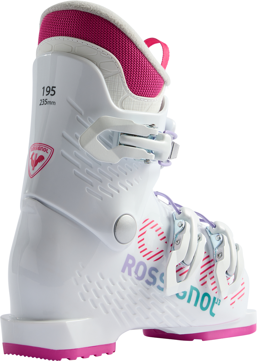 Rossignol Comp J3 JR Ski Boots in White 2027 featuring a junior-specific fit, three-buckle closure, forgiving flex, and supportive construction.
