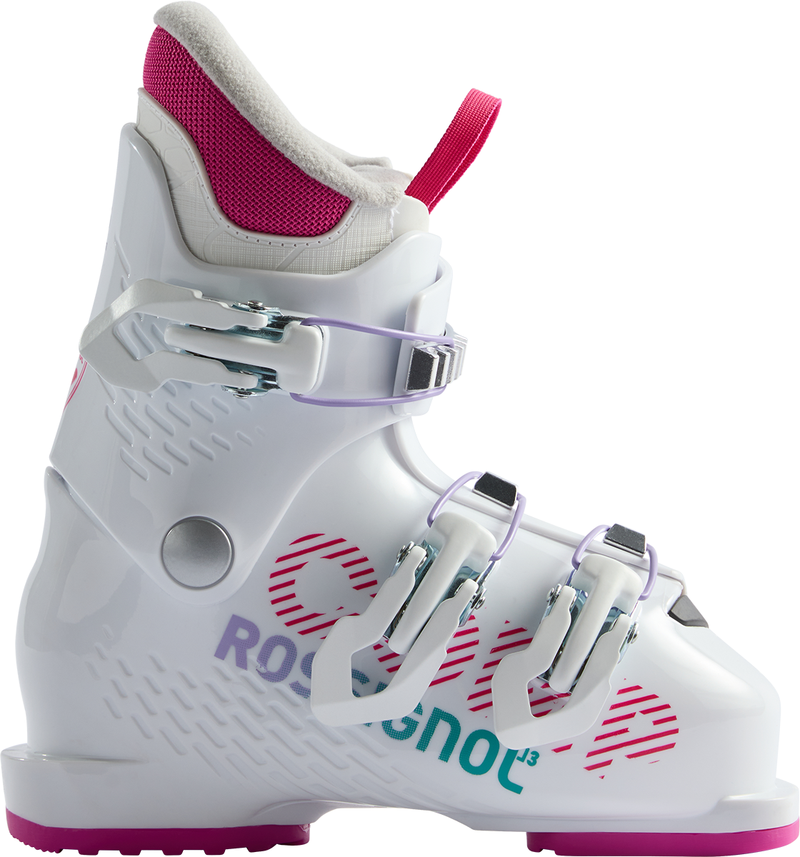 Rossignol Comp J3 JR Ski Boots in White 2027 featuring a junior-specific fit, three-buckle closure, forgiving flex, and supportive construction.