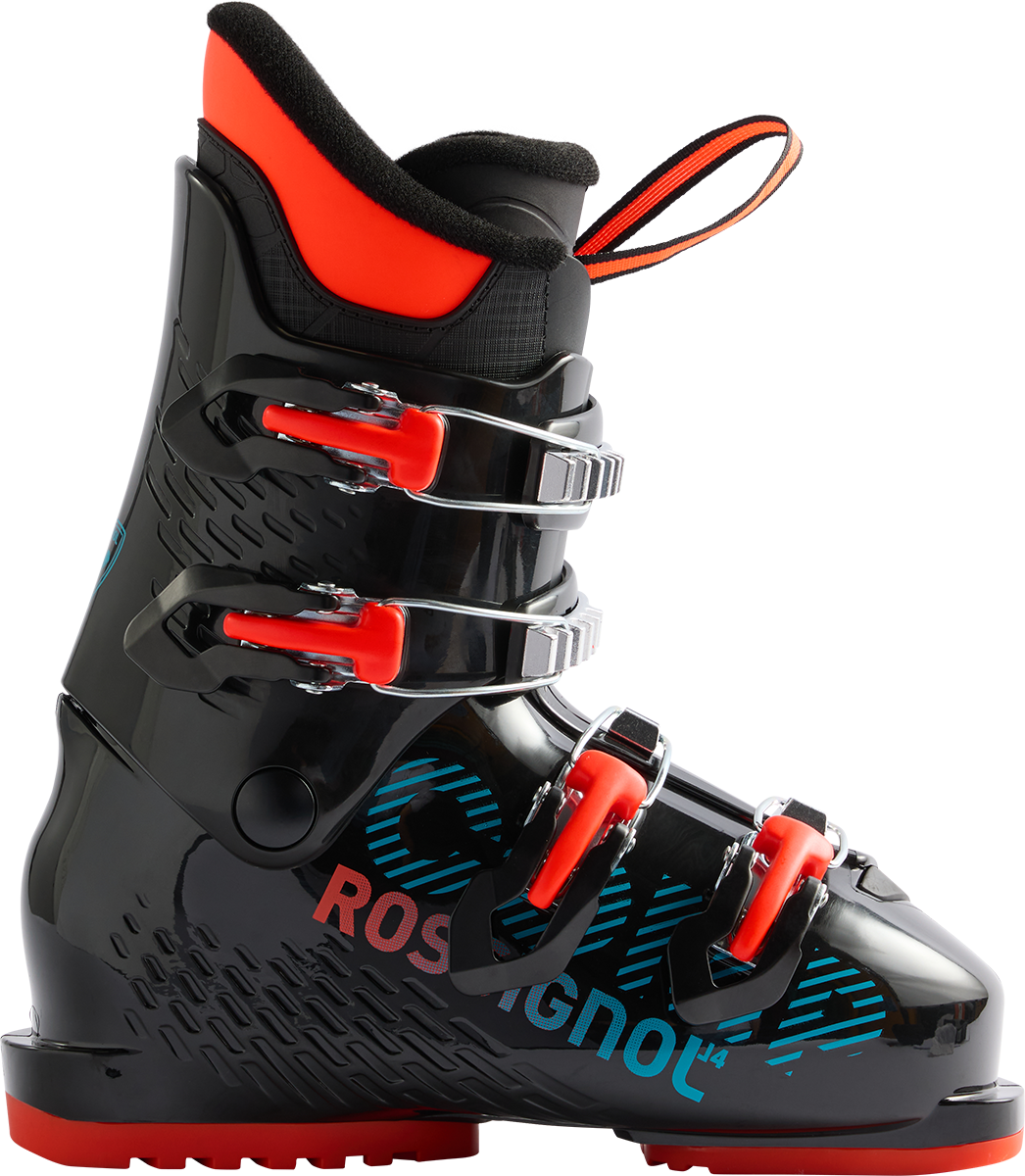 Rossignol Comp J4 JR Ski Boots in Black 2027 featuring a junior-specific fit, four-buckle closure, forgiving flex, and supportive construction.