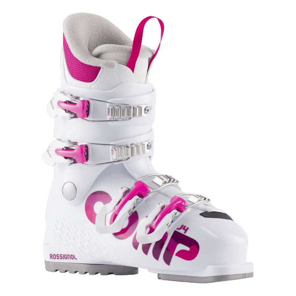 Rossignol Comp J4 JR Ski Boots in White 2026 featuring a junior-specific fit, four-buckle closure, forgiving flex, and supportive construction.