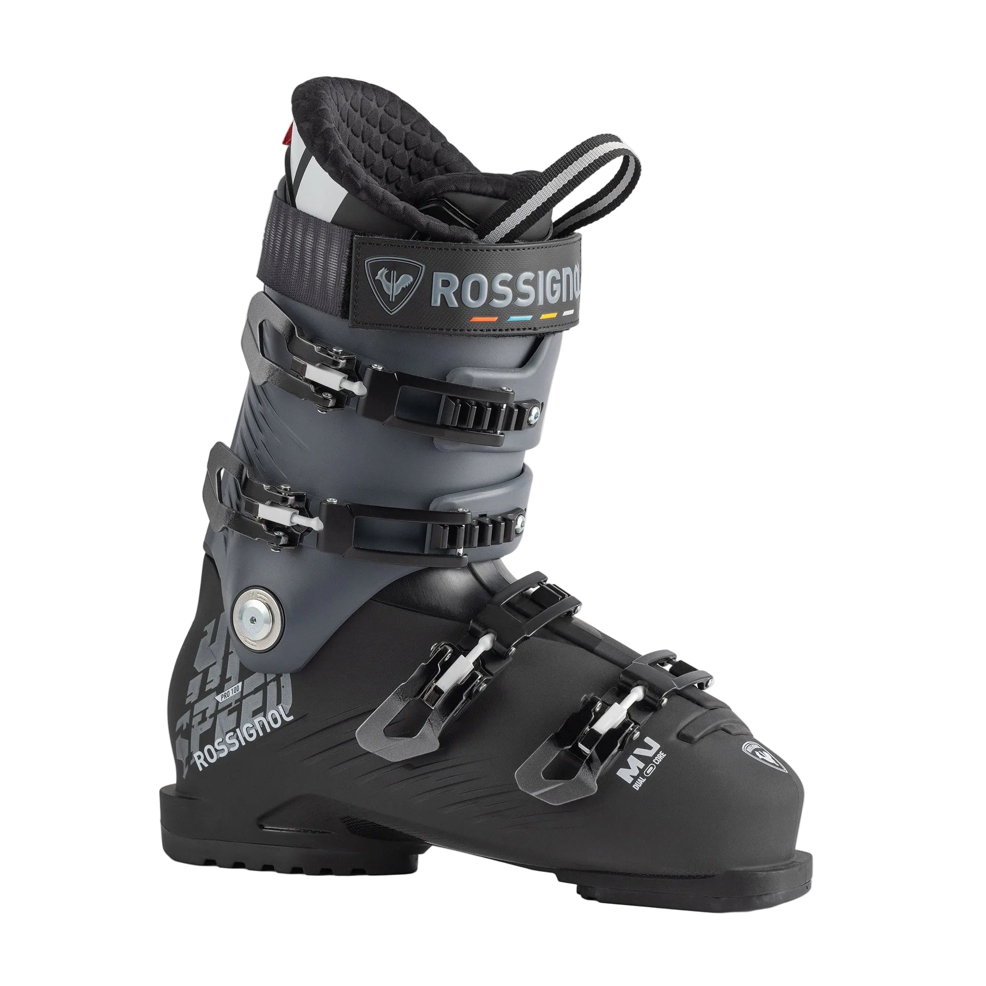 A black and gray Rossignol HI SPEED Pro 100 MV ski boot that features a medium-volume fit and sturdy construction.