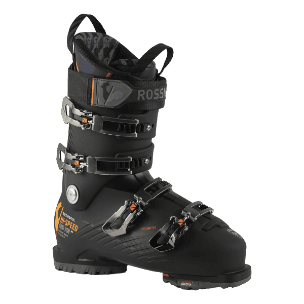 A black Rossignol HI SPEED Pro 110 MV ski boot designed for high-performance control and comfort, featuring multiple buckles and a sturdy design.
