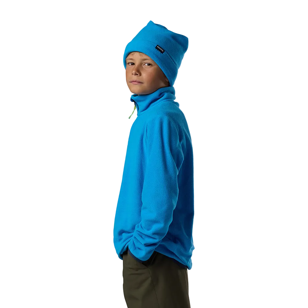 Side view of a blazing blue Rossignol Jr 1/4 Zip Polar Fleece featuring high-density microfleece construction, deep 1/4 zip front closure, and an ergonomic stand-up collar.