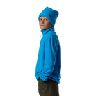Side view of a blazing blue Rossignol Jr 1/4 Zip Polar Fleece featuring high-density microfleece construction, deep 1/4 zip front closure, and an ergonomic stand-up collar.