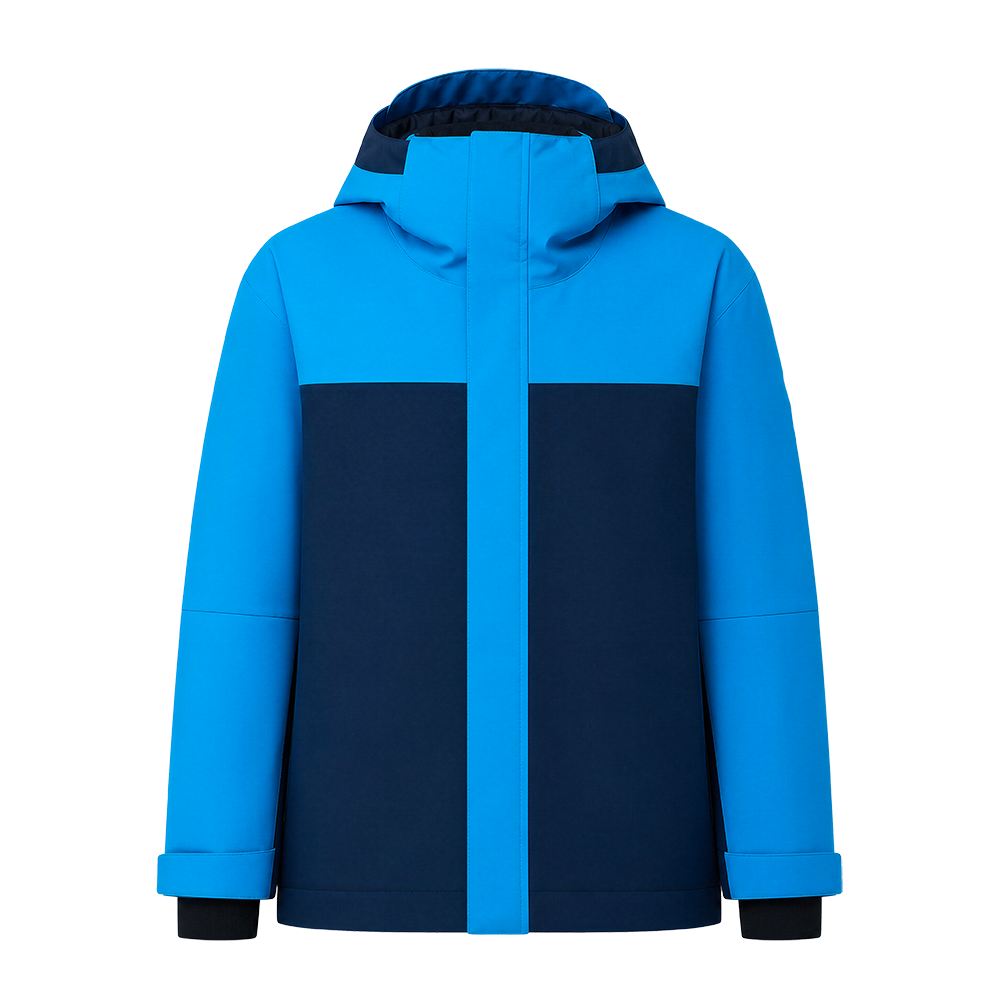 Front view of a blazing blue Rossignol Jr Strawpile Insulated Jacket featuring waterproof membrane fabric, body-mapped recycled synthetic insulation, adjustable hood, integrated powder skirt, and zippered sleeve pass pocket.