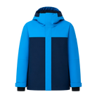 Front view of a blazing blue Rossignol Jr Strawpile Insulated Jacket featuring waterproof membrane fabric, body-mapped recycled synthetic insulation, adjustable hood, integrated powder skirt, and zippered sleeve pass pocket.