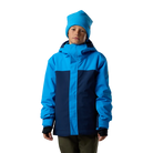 Front view of a blazing blue Rossignol Jr Strawpile Insulated Jacket featuring waterproof membrane fabric, body-mapped recycled synthetic insulation, adjustable hood, integrated powder skirt, and zippered sleeve pass pocket.