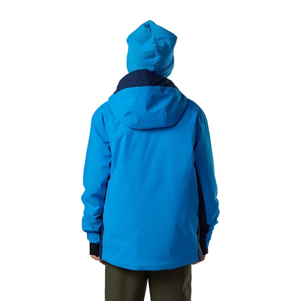 Rear view of a blazing blue Rossignol Jr Strawpile Insulated Jacket featuring waterproof membrane fabric, body-mapped recycled synthetic insulation, adjustable hood, integrated powder skirt, and zippered sleeve pass pocket.
