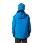 Rear view of a blazing blue Rossignol Jr Strawpile Insulated Jacket featuring waterproof membrane fabric, body-mapped recycled synthetic insulation, adjustable hood, integrated powder skirt, and zippered sleeve pass pocket.