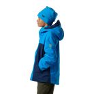 Side view of a blazing blue Rossignol Jr Strawpile Insulated Jacket featuring waterproof membrane fabric, body-mapped recycled synthetic insulation, adjustable hood, integrated powder skirt, and zippered sleeve pass pocket.
