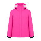 Front view of an electric fuschia Rossignol Jr Strawpile Insulated Jacket featuring waterproof membrane fabric, body-mapped recycled synthetic insulation, adjustable hood, integrated powder skirt, and zippered sleeve pass pocket.