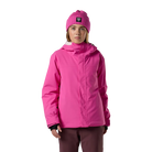 Front view of an electric fuschia Rossignol Jr Strawpile Insulated Jacket featuring waterproof membrane fabric, body-mapped recycled synthetic insulation, adjustable hood, integrated powder skirt, and zippered sleeve pass pocket.