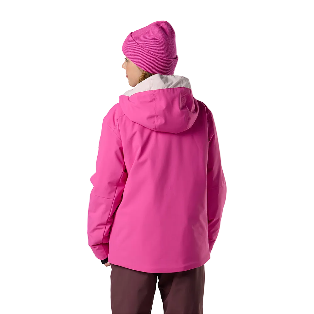 Rear view of an electric fuschia Rossignol Jr Strawpile Insulated Jacket featuring waterproof membrane fabric, body-mapped recycled synthetic insulation, adjustable hood, integrated powder skirt, and zippered sleeve pass pocket.