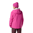 Rear view of an electric fuschia Rossignol Jr Strawpile Insulated Jacket featuring waterproof membrane fabric, body-mapped recycled synthetic insulation, adjustable hood, integrated powder skirt, and zippered sleeve pass pocket.