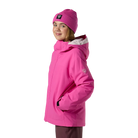 Side view of an electric fuschia Rossignol Jr Strawpile Insulated Jacket featuring waterproof membrane fabric, body-mapped recycled synthetic insulation, adjustable hood, integrated powder skirt, and zippered sleeve pass pocket.