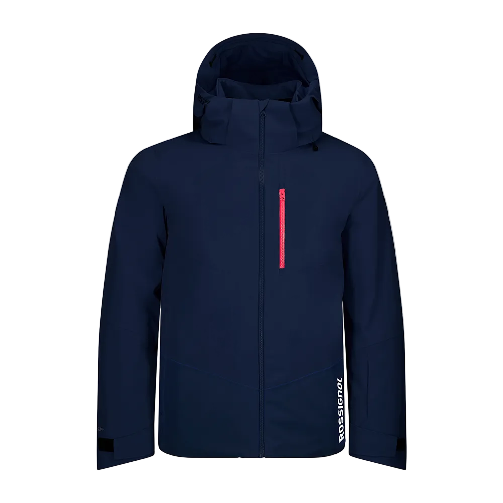 Front view of a dark navy Rossignol Men’s 4WS Blackside Insulated Jacket featuring four-way stretch waterproof membrane fabric, synthetic insulation, helmet-compatible hood, and underarm pit vents.