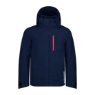 Front view of a dark navy Rossignol Men’s 4WS Blackside Insulated Jacket featuring four-way stretch waterproof membrane fabric, synthetic insulation, helmet-compatible hood, and underarm pit vents.