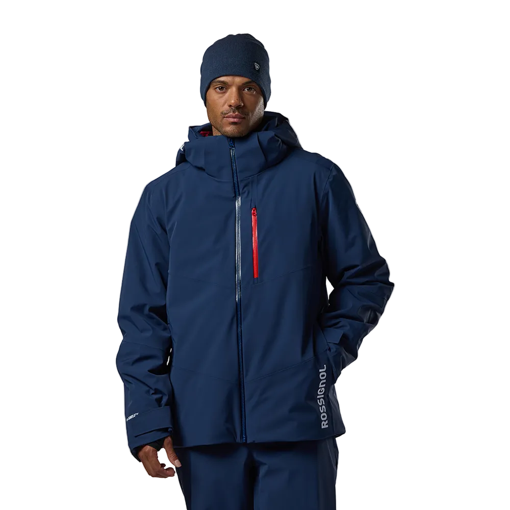 Front view of a dark navy Rossignol Men’s 4WS Blackside Insulated Jacket featuring four-way stretch waterproof membrane fabric, synthetic insulation, helmet-compatible hood, and underarm pit vents.